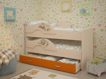 Кровать выкатная Радуга-Сафари детская 1600 Млечный дуб/Оранжевый в Заозёрном - zaozyornyj.mebel54.com | фото